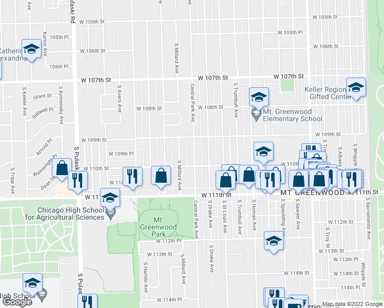 map of restaurants, bars, coffee shops, grocery stores, and more near 10934 Central Park Avenue in Chicago