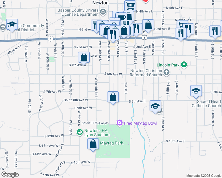 map of restaurants, bars, coffee shops, grocery stores, and more near 620 West 3rd Street South in Newton