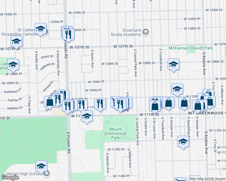 map of restaurants, bars, coffee shops, grocery stores, and more near 10933 South Ridgeway Avenue in Chicago