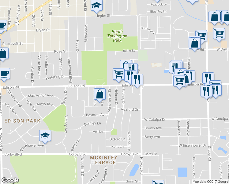 map of restaurants, bars, coffee shops, grocery stores, and more near 1325 Helmen Drive in South Bend