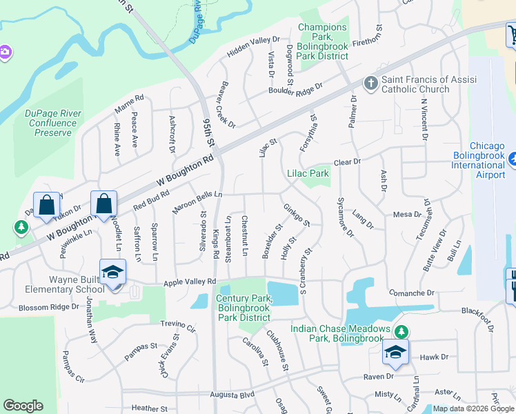 map of restaurants, bars, coffee shops, grocery stores, and more near 132 Chestnut Lane in Bolingbrook