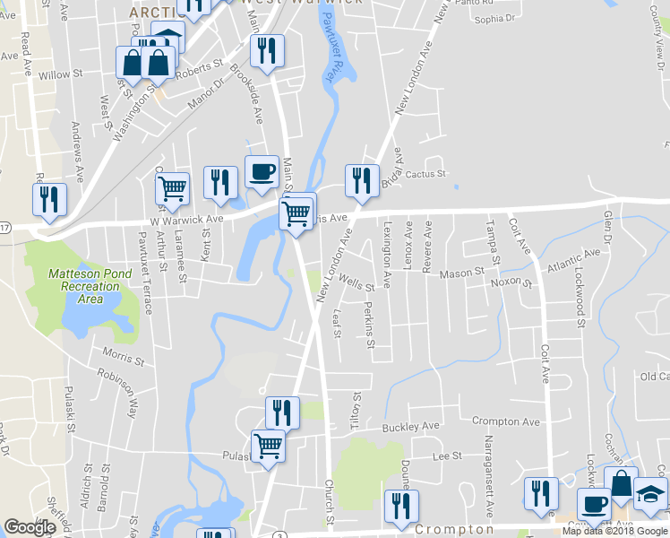 map of restaurants, bars, coffee shops, grocery stores, and more near 25 New London Avenue in West Warwick