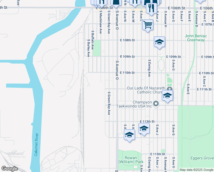 map of restaurants, bars, coffee shops, grocery stores, and more near 11050 South Green Bay Avenue in Chicago