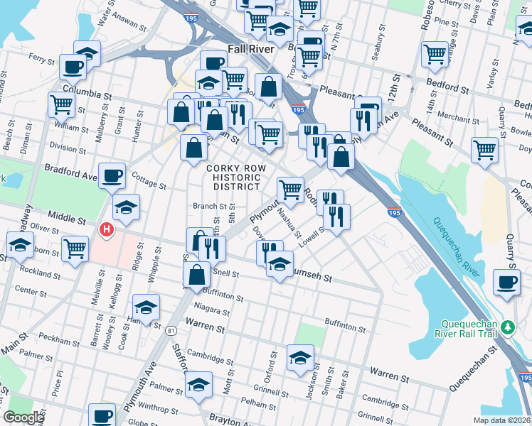 map of restaurants, bars, coffee shops, grocery stores, and more near 546 Plymouth Avenue in Fall River