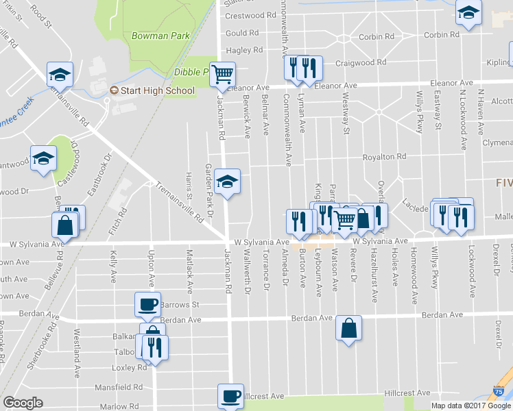 map of restaurants, bars, coffee shops, grocery stores, and more near 4108 Berwick Ave in Toledo