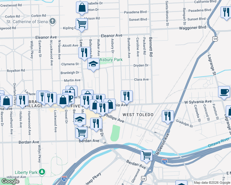 map of restaurants, bars, coffee shops, grocery stores, and more near 4043 Vermaas Avenue in Toledo