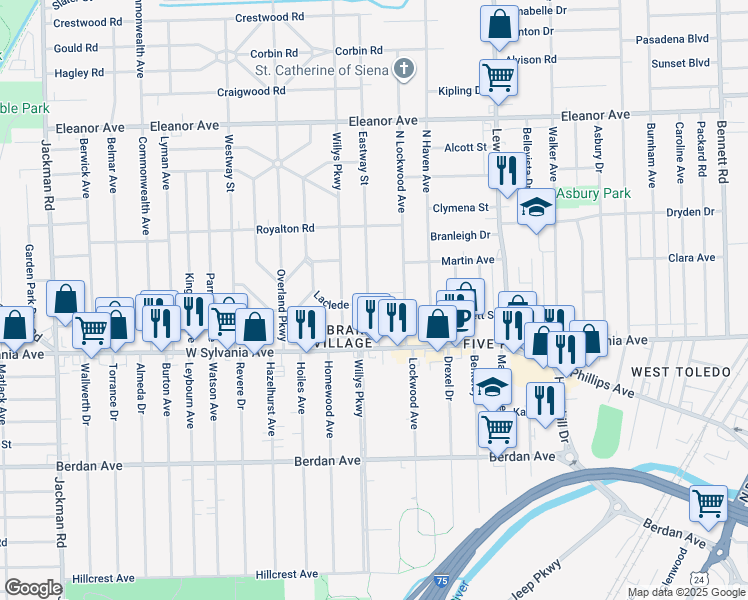 map of restaurants, bars, coffee shops, grocery stores, and more near 4102 Eastway Street in Toledo