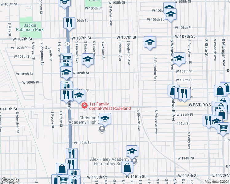 map of restaurants, bars, coffee shops, grocery stores, and more near 11005 South Parnell Avenue in Chicago