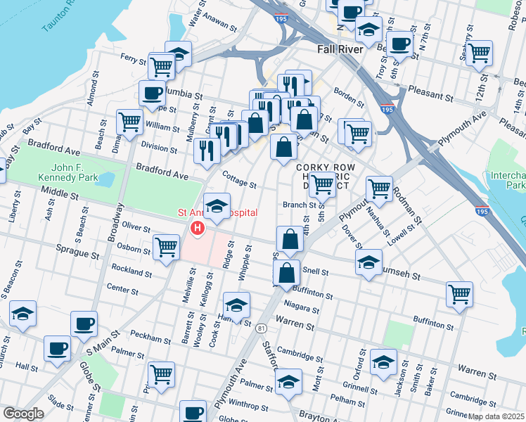 map of restaurants, bars, coffee shops, grocery stores, and more near 218 Whipple St in Fall River