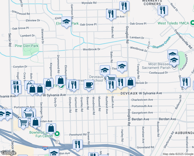 map of restaurants, bars, coffee shops, grocery stores, and more near 4124 Woodmont Road in Toledo