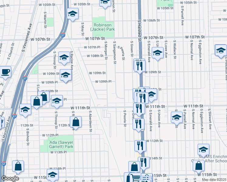 map of restaurants, bars, coffee shops, grocery stores, and more near 11000 South Sangamon Street in Chicago