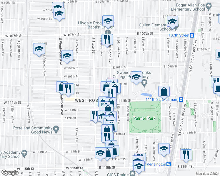map of restaurants, bars, coffee shops, grocery stores, and more near 11012 South Michigan Avenue in Chicago