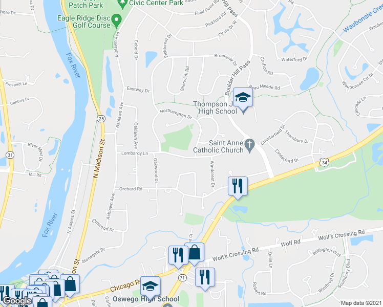 map of restaurants, bars, coffee shops, grocery stores, and more near 215 Lombardy Lane in Oswego