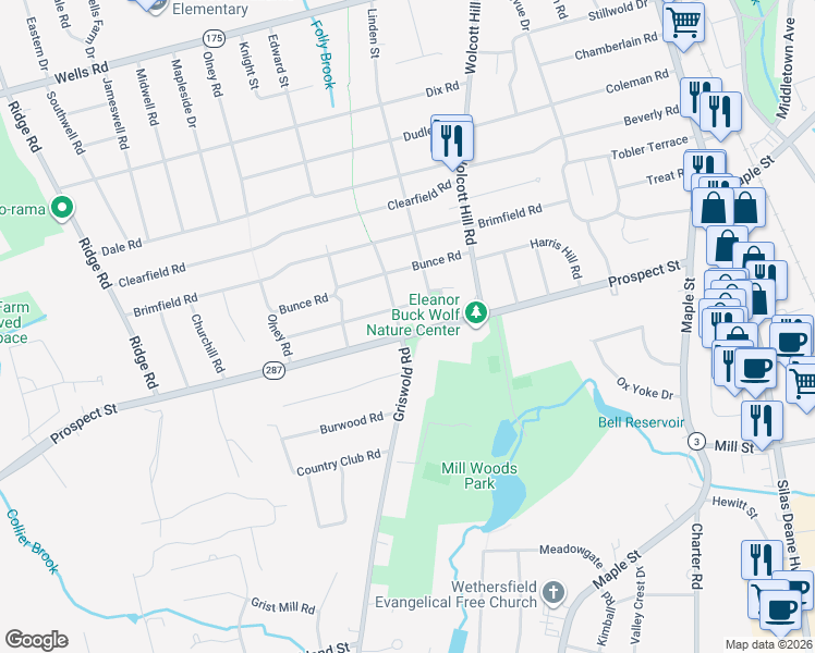 map of restaurants, bars, coffee shops, grocery stores, and more near 1024 Folly Brook Boulevard in Wethersfield