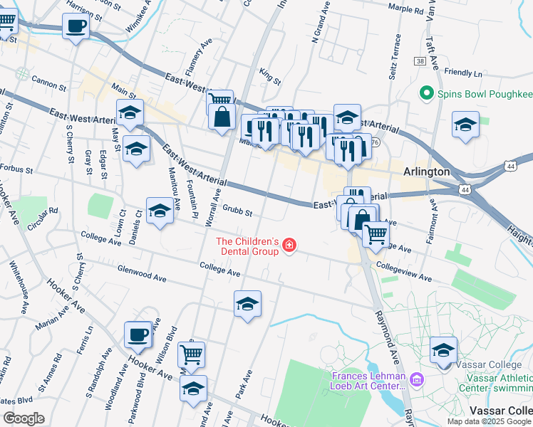 map of restaurants, bars, coffee shops, grocery stores, and more near 38 South Grand Avenue in Poughkeepsie