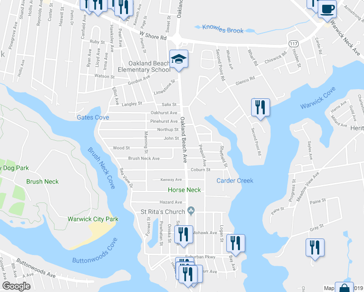 map of restaurants, bars, coffee shops, grocery stores, and more near 551 Oakland Beach Ave in Warwick