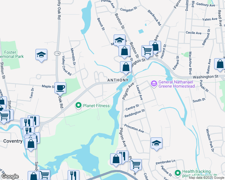 map of restaurants, bars, coffee shops, grocery stores, and more near 692 Washington Street in Coventry