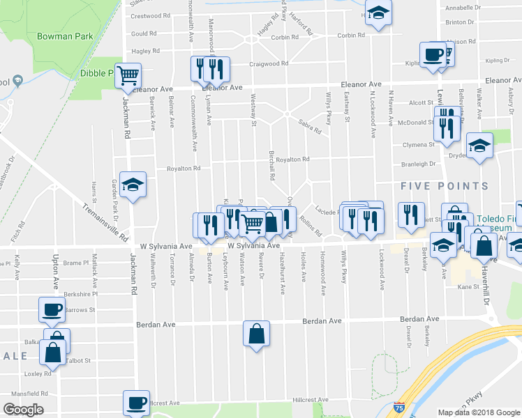 map of restaurants, bars, coffee shops, grocery stores, and more near 4110 Westway Street in Toledo