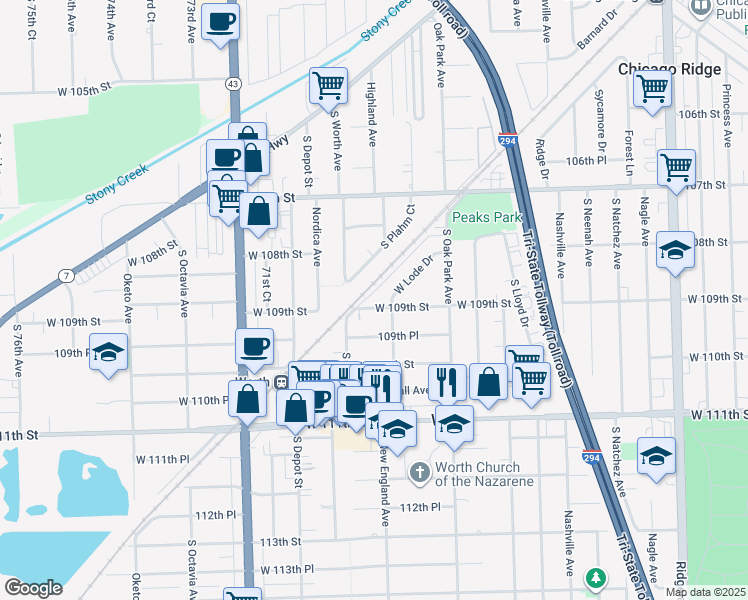 map of restaurants, bars, coffee shops, grocery stores, and more near 6910 West 109th Place in Worth