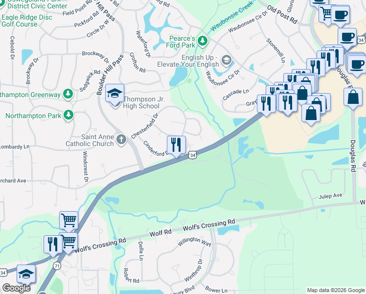 map of restaurants, bars, coffee shops, grocery stores, and more near 520 Chesterfield Court in Oswego