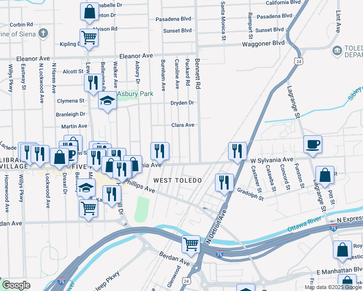 map of restaurants, bars, coffee shops, grocery stores, and more near 4044 Caroline Avenue in Toledo