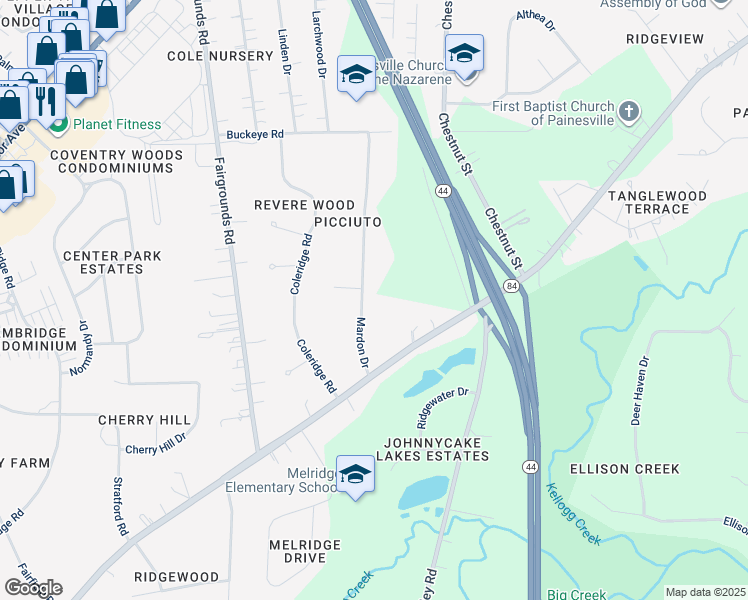 map of restaurants, bars, coffee shops, grocery stores, and more near 6459 Mardon Drive in Painesville