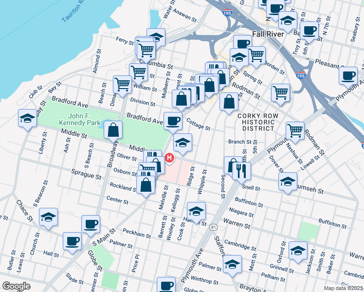 map of restaurants, bars, coffee shops, grocery stores, and more near 37 Park Street in Fall River