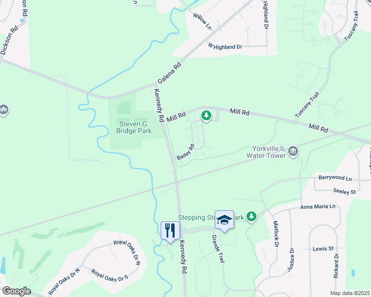 map of restaurants, bars, coffee shops, grocery stores, and more near 3767 Bailey Road in Yorkville