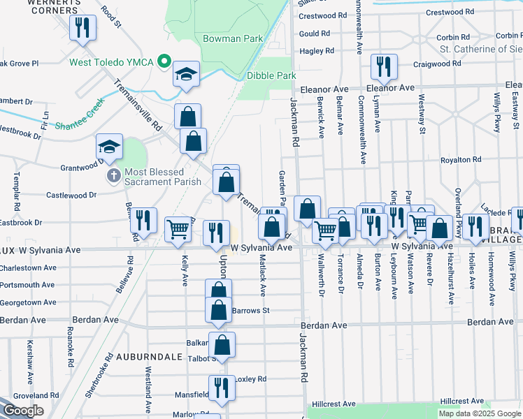 map of restaurants, bars, coffee shops, grocery stores, and more near 1804 Tremainsville Road in Toledo