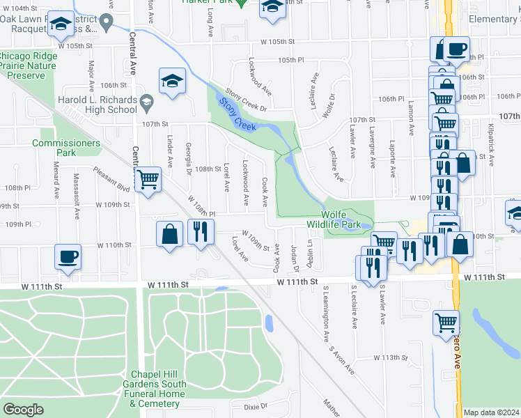 map of restaurants, bars, coffee shops, grocery stores, and more near 10844 Cook Avenue in Oak Lawn
