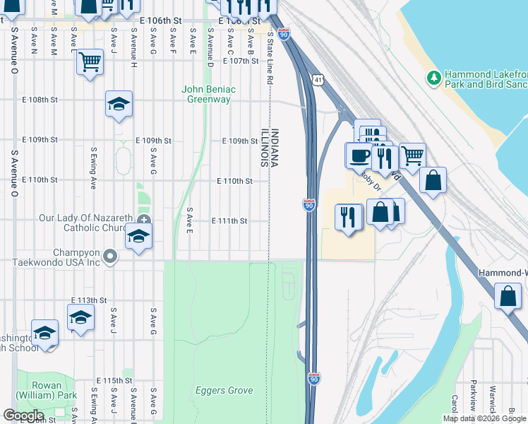 map of restaurants, bars, coffee shops, grocery stores, and more near 11046 South State Line Road in Chicago