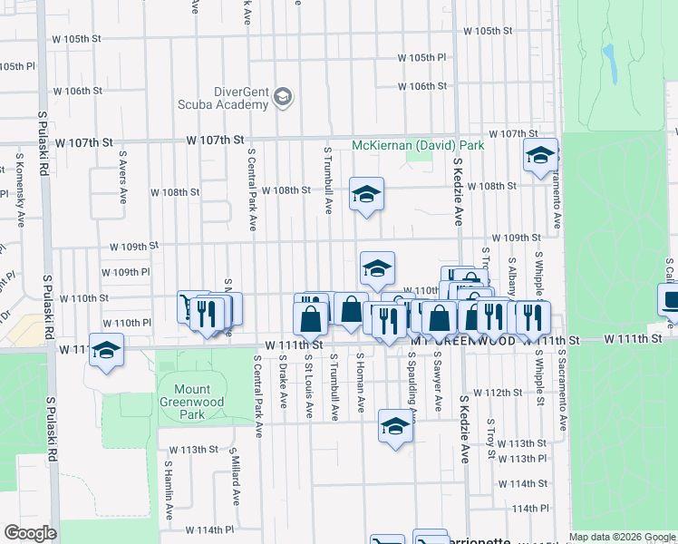 map of restaurants, bars, coffee shops, grocery stores, and more near 10935 South Trumbull Avenue in Chicago
