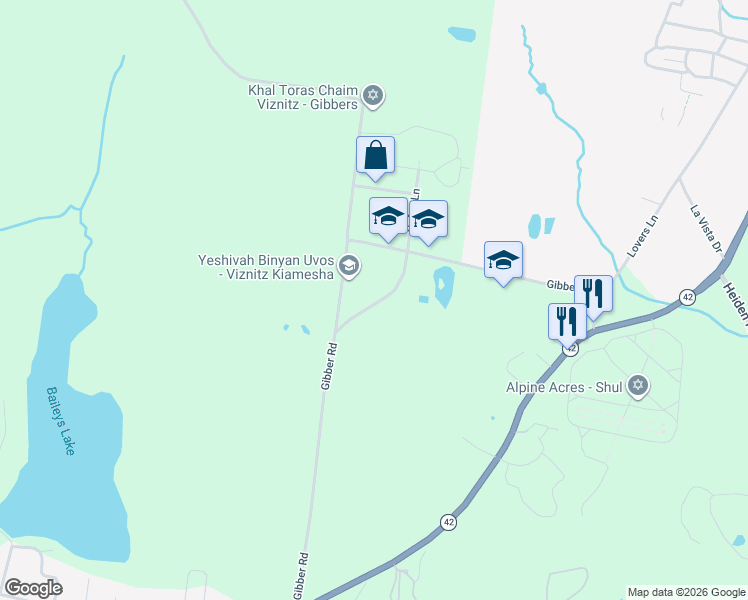 map of restaurants, bars, coffee shops, grocery stores, and more near Gibber Road in Kiamesha Lake