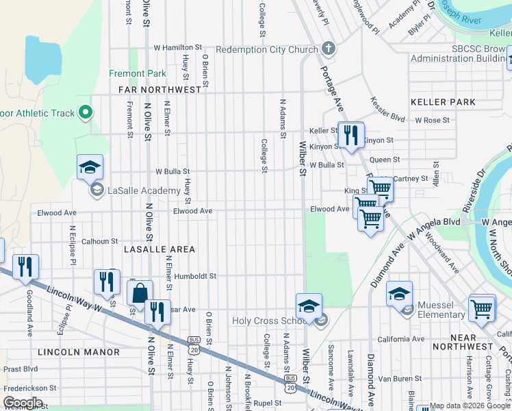map of restaurants, bars, coffee shops, grocery stores, and more near 1809 Elwood Avenue in South Bend