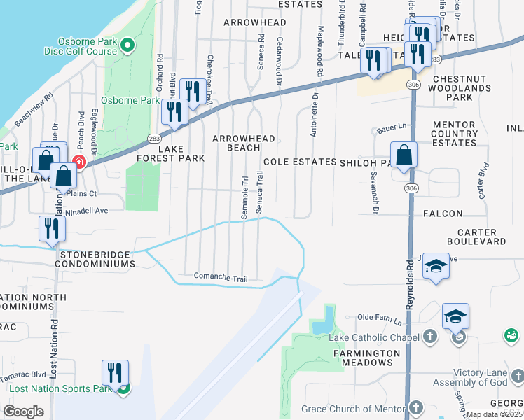 map of restaurants, bars, coffee shops, grocery stores, and more near 6517 Seneca Trail in Mentor
