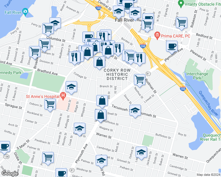 map of restaurants, bars, coffee shops, grocery stores, and more near 496 4th Street in Fall River