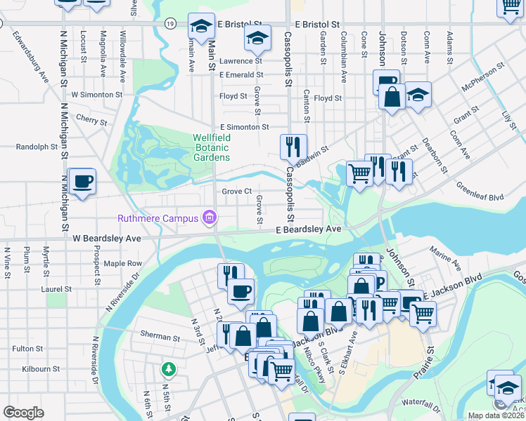 map of restaurants, bars, coffee shops, grocery stores, and more near 829 Grove Street in Elkhart