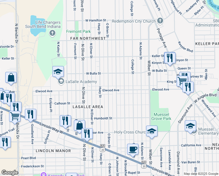 map of restaurants, bars, coffee shops, grocery stores, and more near 1404 O Brien Street in South Bend