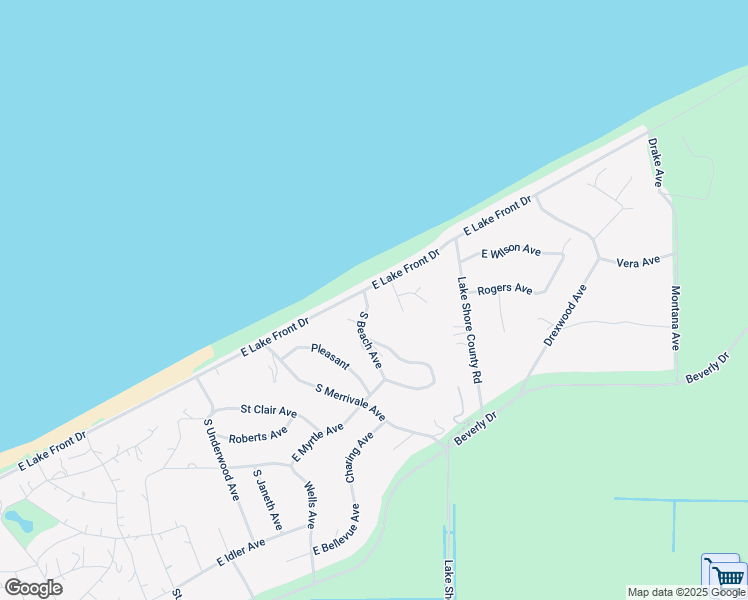 map of restaurants, bars, coffee shops, grocery stores, and more near 601 East Lake Front Drive in Beverly Shores