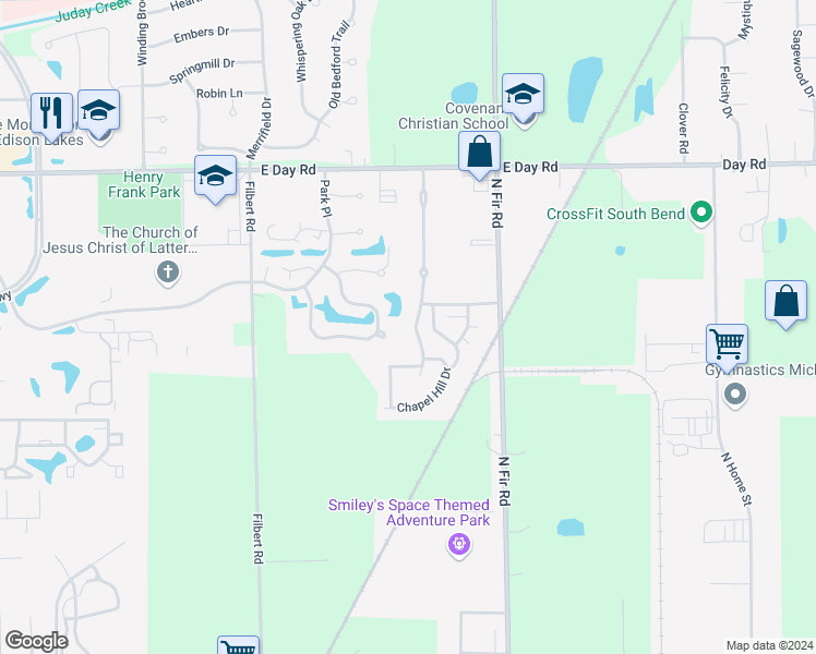 map of restaurants, bars, coffee shops, grocery stores, and more near 3607 Savannah Pass in Mishawaka