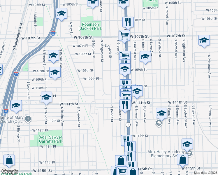 map of restaurants, bars, coffee shops, grocery stores, and more near 11000 South Peoria Street in Chicago