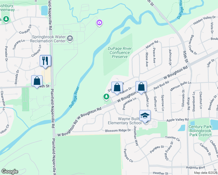 map of restaurants, bars, coffee shops, grocery stores, and more near 1920 Danube Way in Bolingbrook