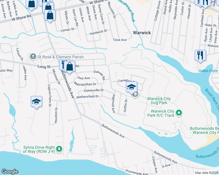 map of restaurants, bars, coffee shops, grocery stores, and more near 110 Asylum Road in Warwick