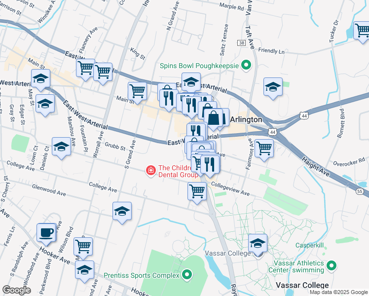 map of restaurants, bars, coffee shops, grocery stores, and more near 25 Raymond Avenue in Poughkeepsie