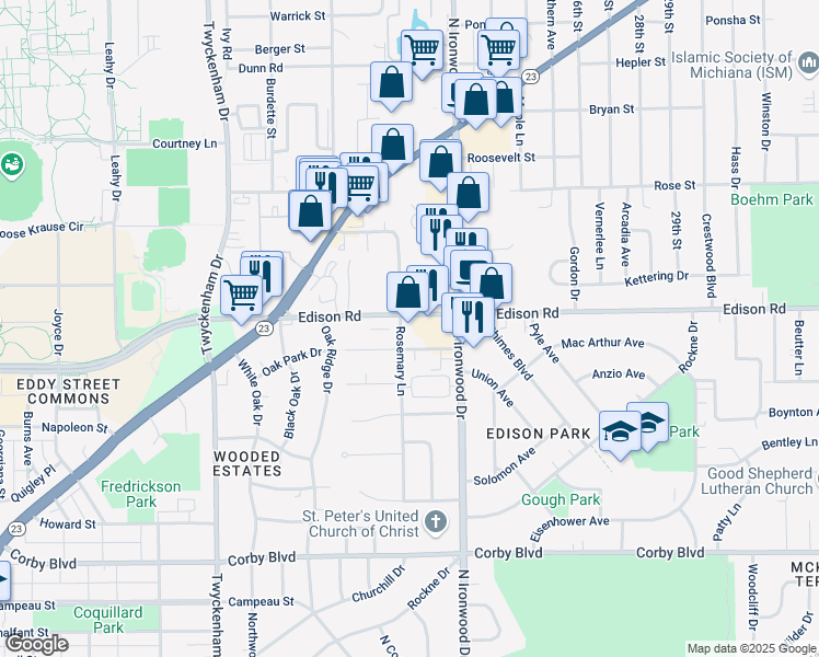 map of restaurants, bars, coffee shops, grocery stores, and more near 2004 Edison Road in South Bend
