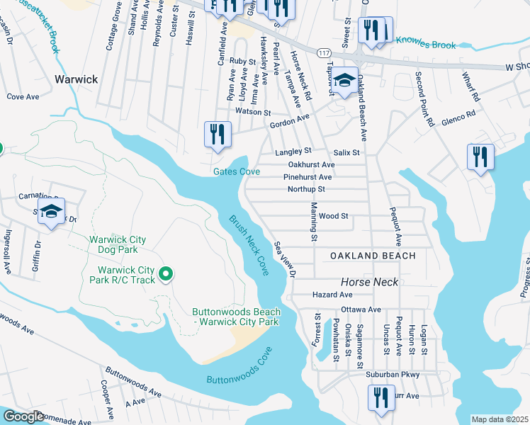 map of restaurants, bars, coffee shops, grocery stores, and more near 211 Wood Street in Warwick