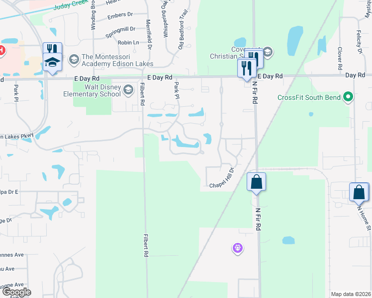 map of restaurants, bars, coffee shops, grocery stores, and more near 1516 South Lake George Drive in Mishawaka