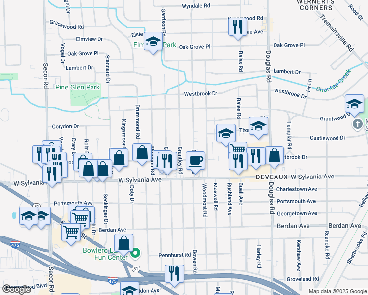 map of restaurants, bars, coffee shops, grocery stores, and more near 4128 Grantley Road in Toledo