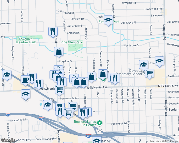 map of restaurants, bars, coffee shops, grocery stores, and more near 4134 Stannard Drive in Toledo