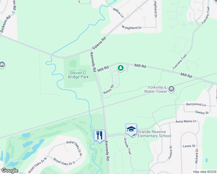 map of restaurants, bars, coffee shops, grocery stores, and more near 3767 Bailey Road in Yorkville